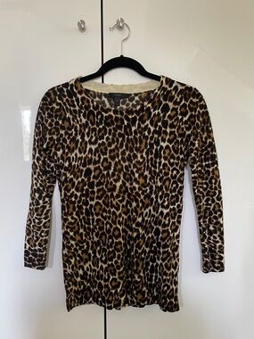J Crew Merino Wool 3/4 Sleeve Leopard Print Knit Sweater Top XS